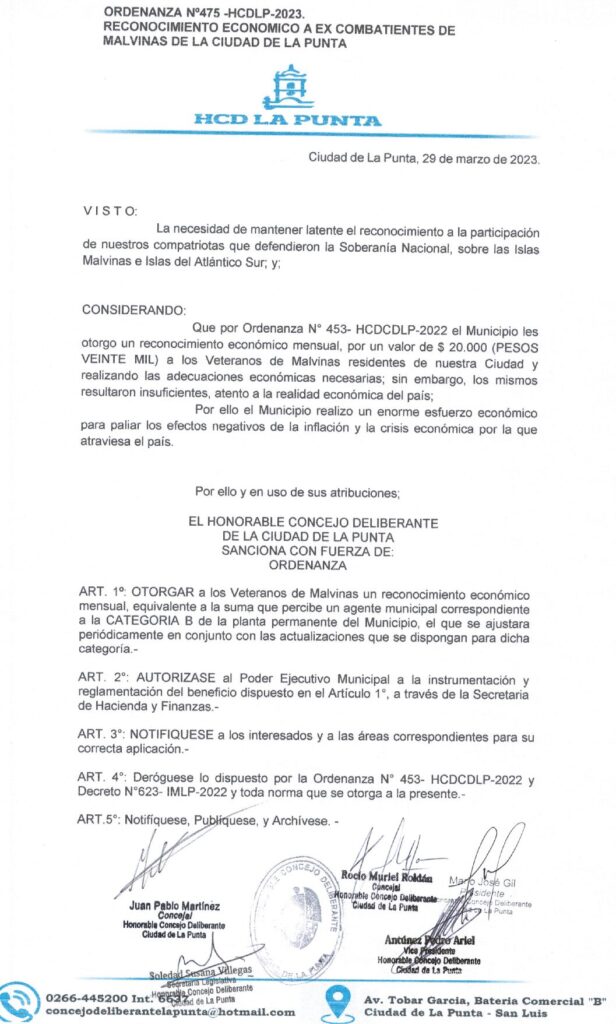 thumbnail of ORDENANZA N°475- VIGENTE-HCDCDLP-2023- RECONOCIMIENTO ECONOMICO A EX COMBATIENTES DE MALVINAS DE LA CIUDAD DE LA PUNTA.