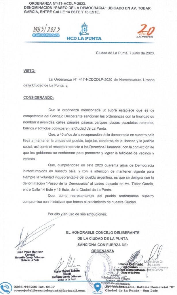 thumbnail of ORDENANZA N°479- VIGENTE-HCDCDLP-2023- DENOMINACION PASEO DE LA DEMOCRACIA UBICADO EN LA AV. TOBAR GARCIA, ENTRE CALLE 14 E. Y 16 E.