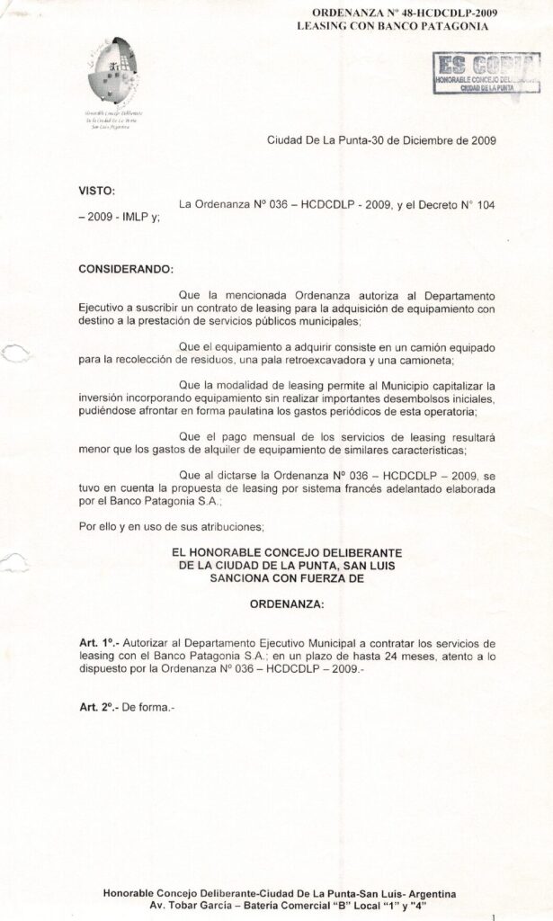 thumbnail of ORDENANZA N°48-NO VIGENTE-HCDCDLP-2009-LEASING CON BANCO PATAGONIA.