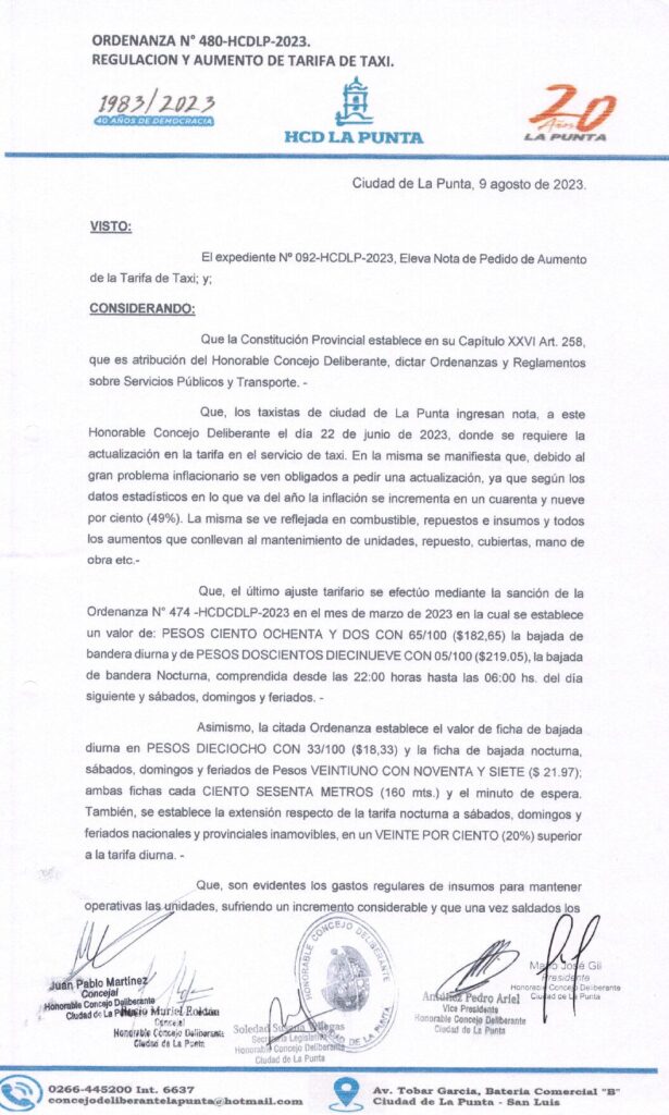 thumbnail of ORDENANZA N°480- NO VIGENTE-HCDCDLP-2023- REGULACION Y AUMENTO DE TARIFA DE TAXI.
