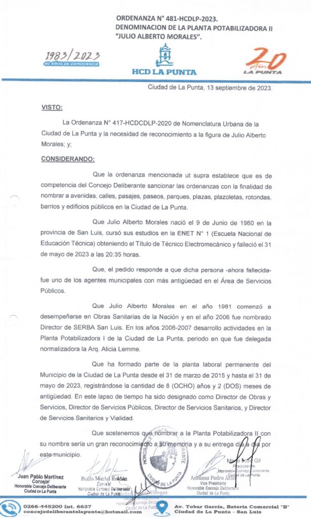 thumbnail of ORDENANZA N°481- VIGENTE-HCDCDLP-2023- DENOMINACION DE LA PLANTA POTABILIZADORA II JULIO ALBERTO MORALES.