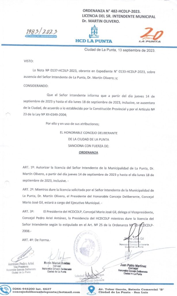 thumbnail of ORDENANZA N°482 -NO VIGENTE-HCDCDLP-2023- LICENCIA DEL SR, INTENDENTE MUNICIPAL DR MARTIN OLIVERO.