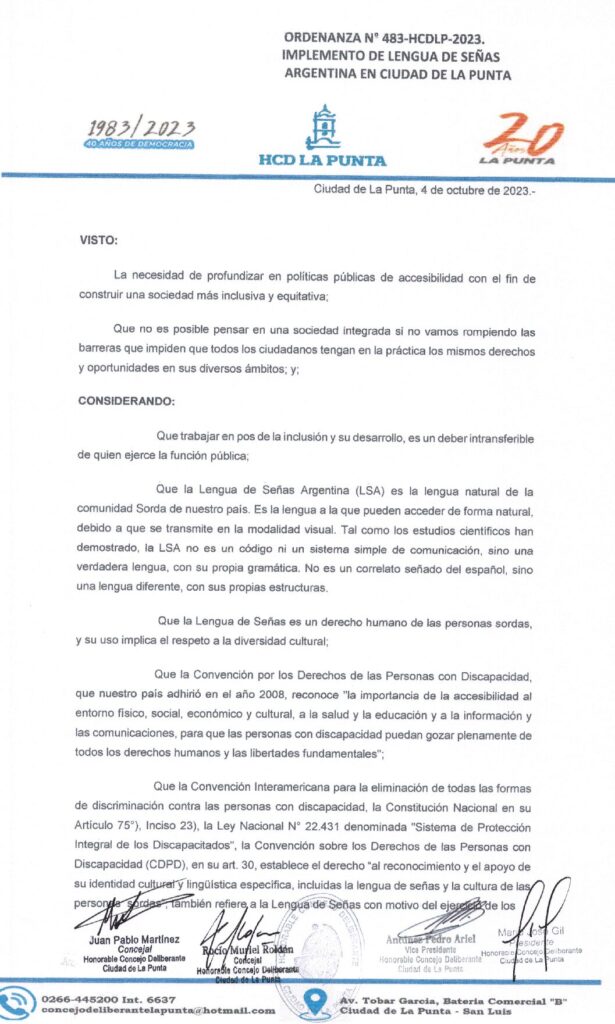 thumbnail of ORDENANZA N°483- VIGENTE-HCDCDLP-2023- IMPLEMENTO DE LENGUA DE SEÑAS ARGENTINA DE LA CIUDAD DE LA PUNTA