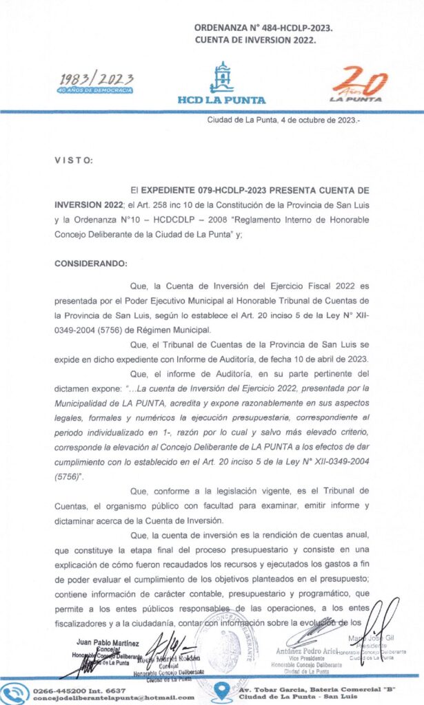 thumbnail of ORDENANZA N°484- NO VIGENTE-HCDCDLP-2023- CUENTA DE INVERSION 2022