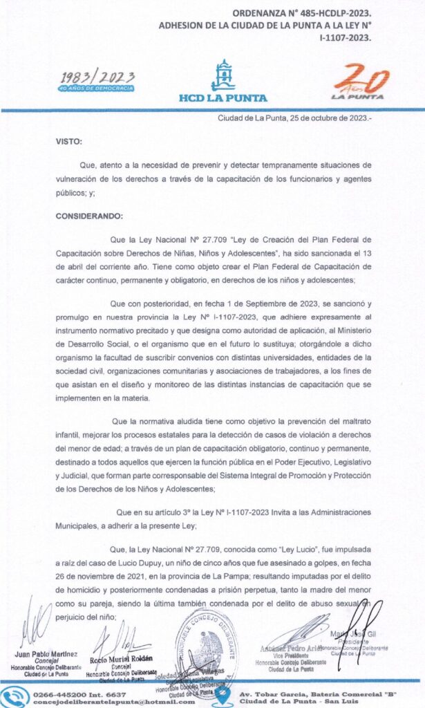 thumbnail of ORDENANZA N°485- VIGENTE-HCDCDLP-2023- ADHESION DE LA CIUDAD DE LA PUNTA A LA LEY N°I-1107-2023