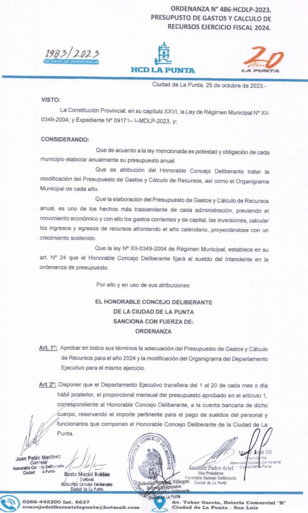 thumbnail of ORDENANZA N°486 – NO VIGENTE-HCDCDLP-2023- PRESUPUESTO DE GASTOS Y CALCULOS DE RECURSOS EJERCICIO FISCAL 2024