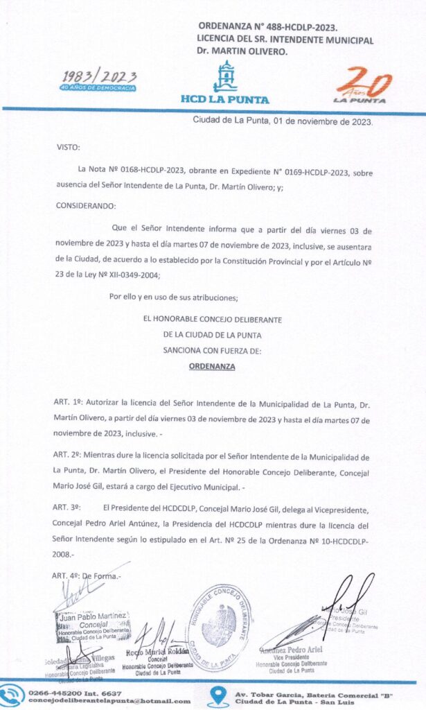 thumbnail of ORDENANZA N°488- NO VIGENTE-HCDCDLP-2023- LICENCIA DEL SR INTENDENTE MUNICIPAL DR MARTIN OLIVERO