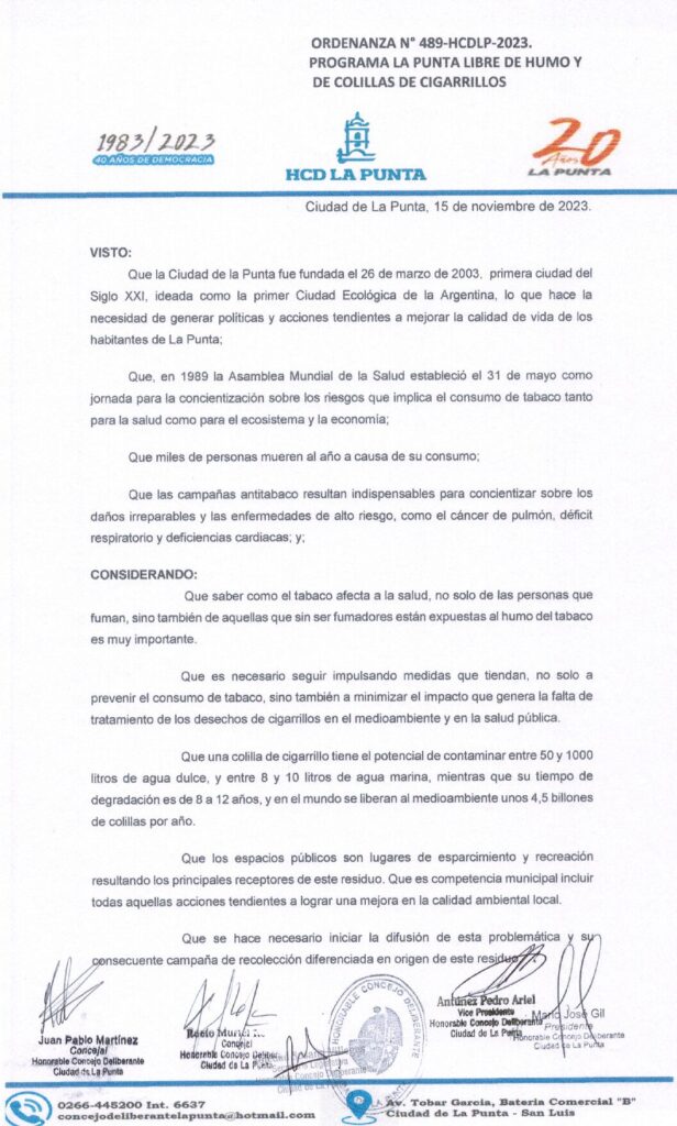 thumbnail of ORDENANZA N°489- VIGENTE-HCDCDLP-2023- PROGRAMA LA PUNTA LIBRE DE HUMO Y COLILLAS DE CIGARRILLOS