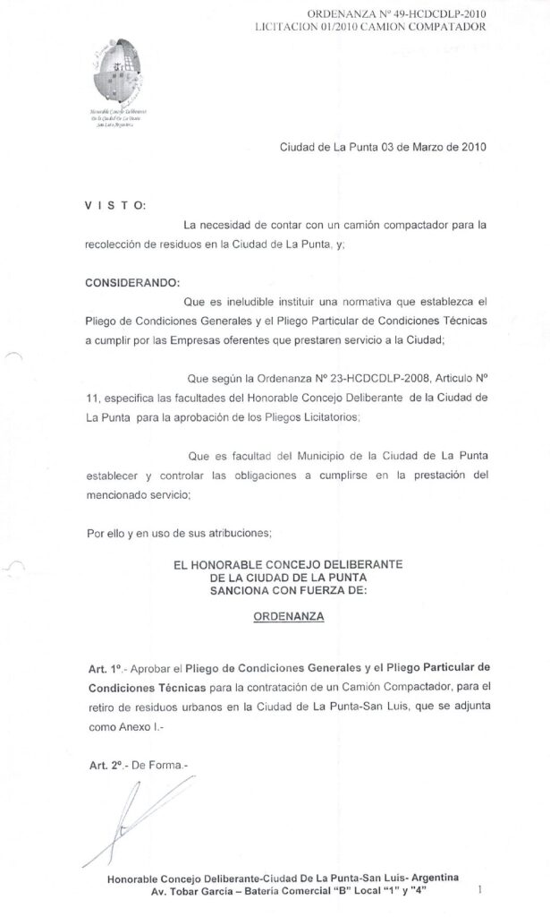 thumbnail of ORDENANZA N°49-NO VIGENTE-HCDCDLP-2010- LICITACION 01-2010 CAMION COMPACTADOR
