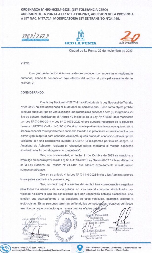 thumbnail of ORDENANZA N°490- VIGENTE-HCDCDLP-2023- ADHESION DE LA PUNTA A LEY N°X-1110-2023, ADHESION DE LA PROVINCIA A LEY NACIONAL N°27714, MODIFICATORIA LEY DE TRANSITO N°24449