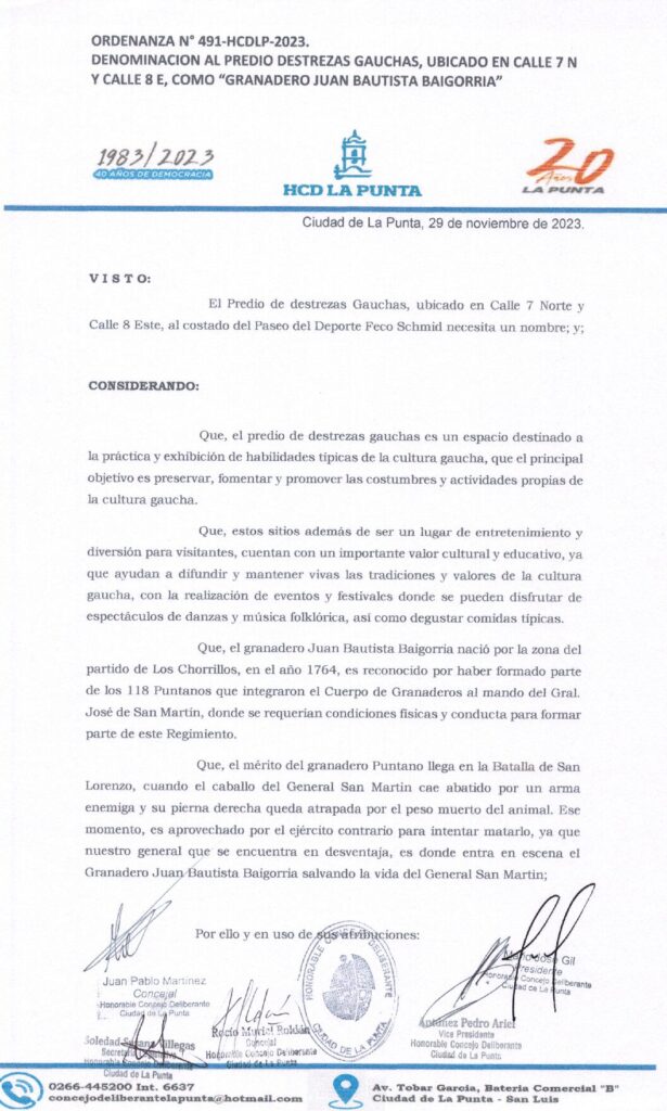 thumbnail of ORDENANZA N°491- VIGENTE-HCDCDLP-2023- DENOMINACION AL PREDIO DESTREZA GAUCHAS, UBICADO EN LA CALLE 7 N Y CALLE 8 E, GRANADERO JUAN BAUTISTA BAIGORRIA.