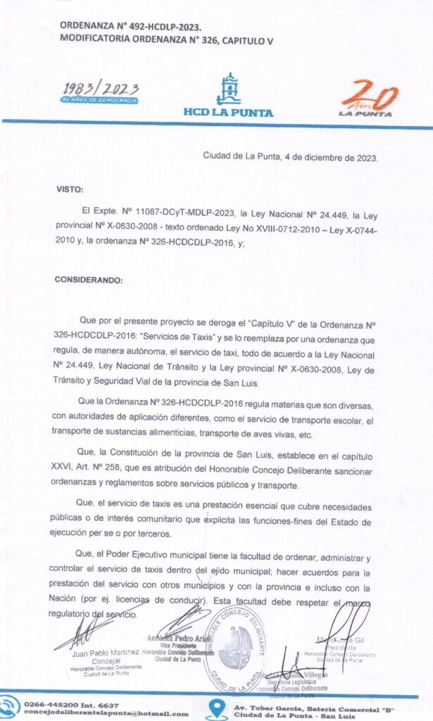 thumbnail of ORDENANZA N°492- VIGENTE-HCDCDLP-2023- MODIFICATORIA DE LA ORDENANZA 326 CAPITULO V