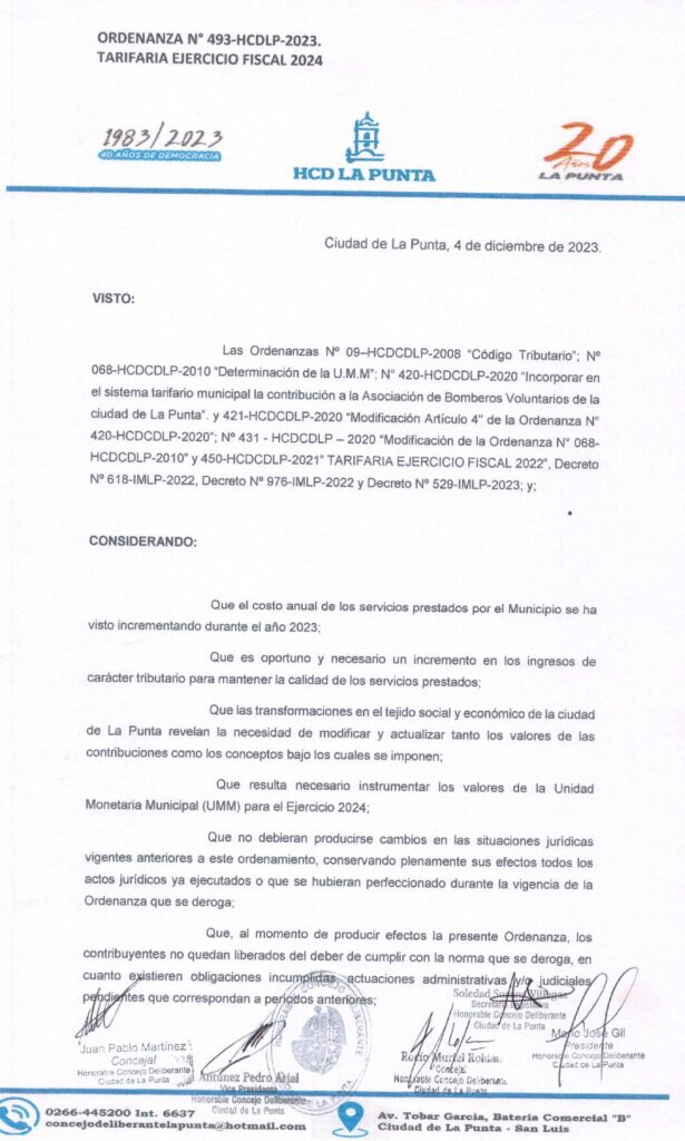 thumbnail of ORDENANZA N°493- VIGENTE-HCDCDLP-2023- TARIFARIA DEL EJERCICIO FISCAL 2024