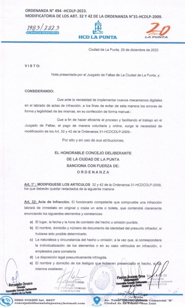 thumbnail of ORDENANZA N°494 – VIGENTE-HCDCDLP-2023-MODIFICATORIA DE LOS ARTICULOS 32 Y 42 DE LA ORDENANZA N°31 HCDLP-2009
