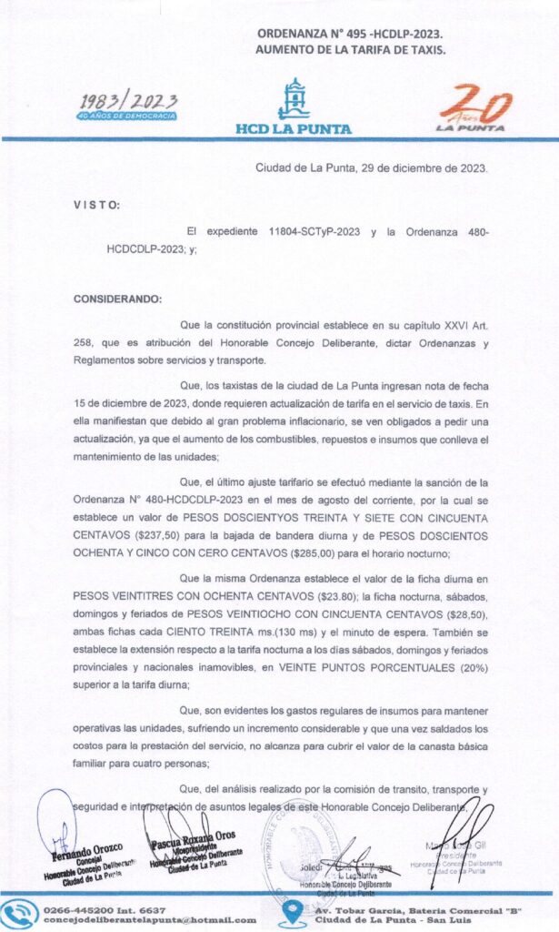 thumbnail of ORDENANZA N°495- NO VIGENTE-HCDCDLP-2023- AUMENTO DE LA TARIFA DE TAXI.
