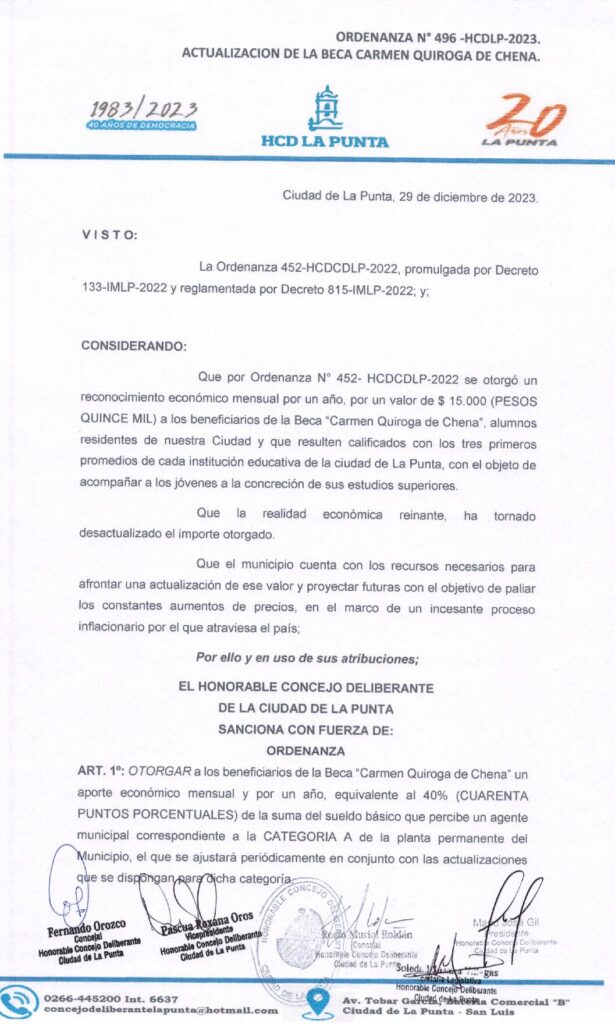 thumbnail of ORDENANZA N°496- VIGENTE-HCDCDLP-2023- ACTUALIZACION DE LA BECA CARMEN QUIROGA DE CHENA