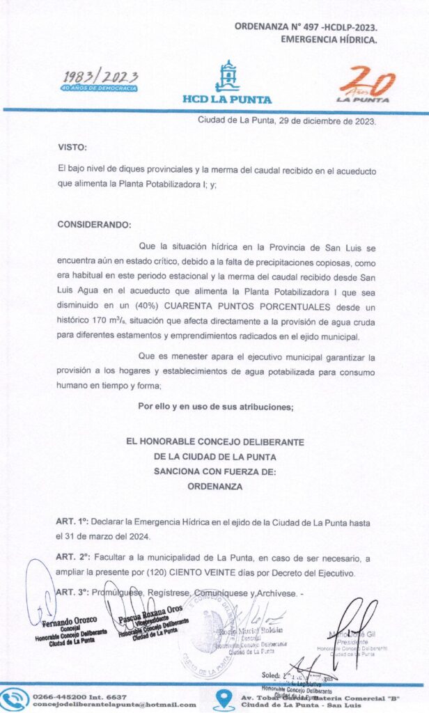 thumbnail of ORDENANZA N°497-NO VIGENTE-HCDCDLP-2023- EMERGENCIA HIDRICA.
