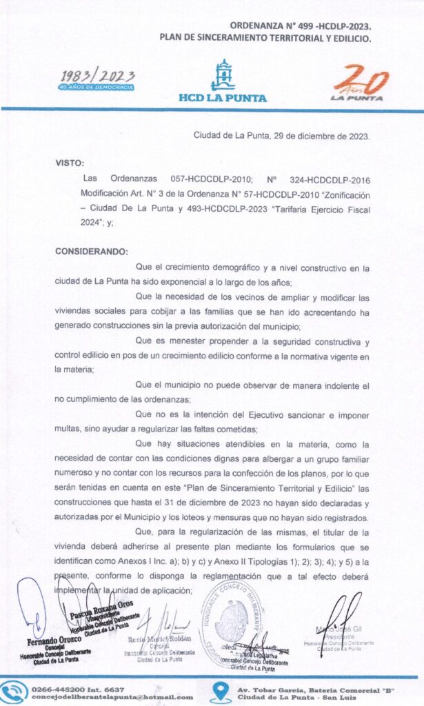 thumbnail of ORDENANZA N°499 – VIGENTE-HCDCDLP-2023-PLAN DE SINCERAMIENTO TERRITORIAL Y EDILICIO