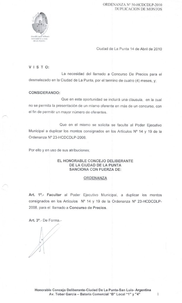 thumbnail of ORDENANZA N°50-NO VIGENTE-HCDCDLP-2010-DUPLICACION DE MONTOS