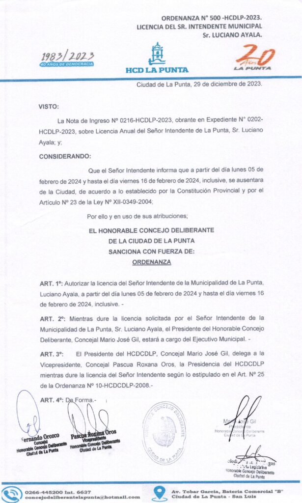 thumbnail of ORDENANZA N°500- NO VIGENTE-HCDCDLP-2023- LICENCIA DEL SEÑOR INTENDENTE MUNICIPAL SR. LUCIANO AYALA