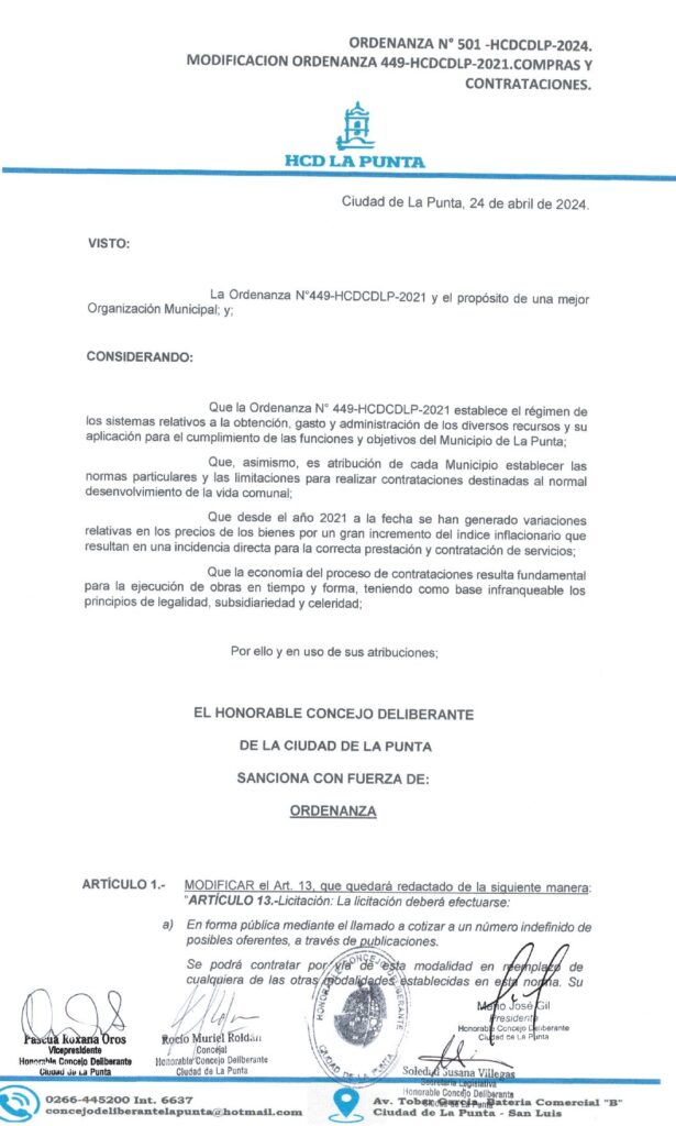 thumbnail of ORDENANZA N°501- VIGENTE-HCDCDLP-2024- MODIFICACION ORDENANZA 449-HCDCDLP-2021.COMPRAS Y CONTRATACIONES