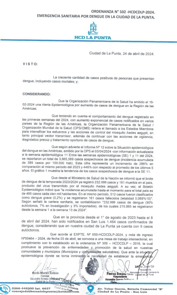 thumbnail of ORDENANZA N°502- NO VIGENTE-HCDCDLP-2024- EMERGENCIA SANITARIA POR DENGUE EN LA CIUDAD DE LA PUNTA