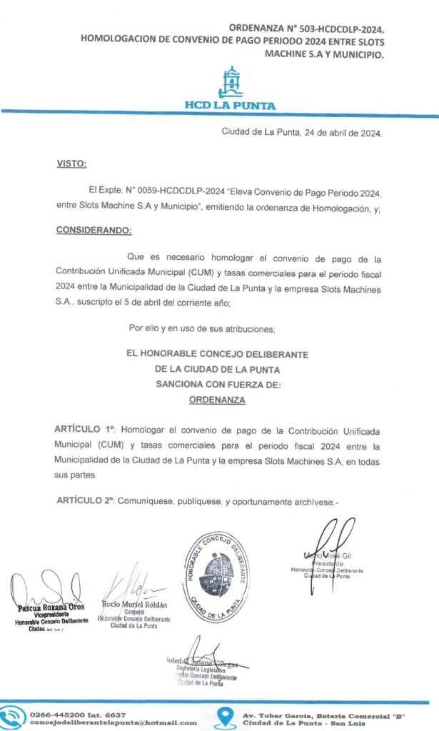 thumbnail of ORDENANZA N°503- VIGENTE-HCDCDLP-2024- HOMOLOGACION DE CONVENIO DE PAGO PERIODO 2024 ENTRE SLOTS MACHINE S.A Y MUNICIPIO