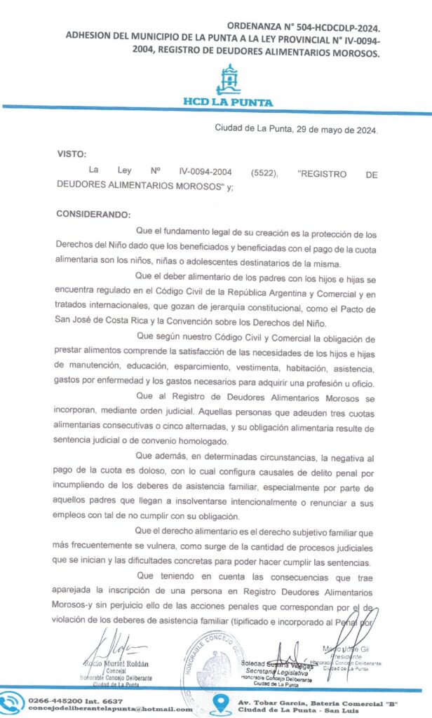 thumbnail of ORDENANZA N°504-NO VIGENTE-HCDCDLP-2024- ADHESION DEL MUNICIPIO DE LA PUNTA A LA LEY PROVINCIAL N°IV-0094-2004, REGISTRO DE DEUDORES ALIMENTARIOS MOROSOS