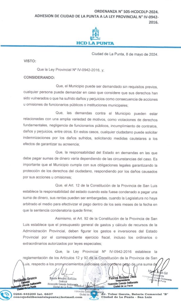thumbnail of ORDENANZA N°505- VIGENTE-HCDCDLP-2024- ADHESION DE CIUDAD DE LA PUNTA A LA LEY PROVINCIAL N°IV-0942-2016
