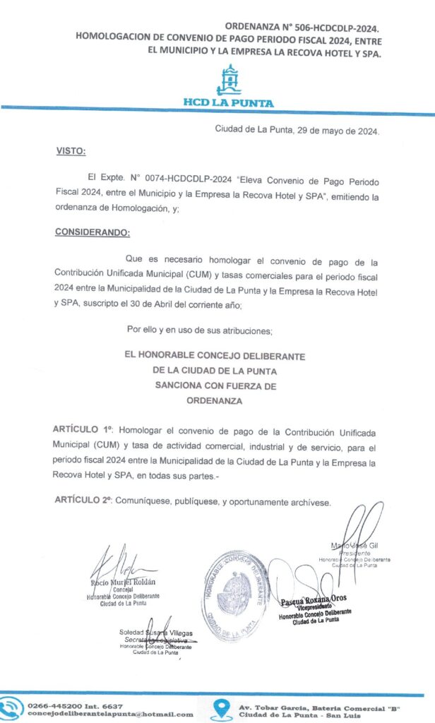 thumbnail of ORDENANZA N°506- VIGENTE-HCDCDLP-2024- HOMOLOGACION DE CONVENIO DE PAGO PERIODO FISCAL 2024, ENTRE EL MUNICIPIO Y LA EMPRESA LA RECOVA HOTEL SPA