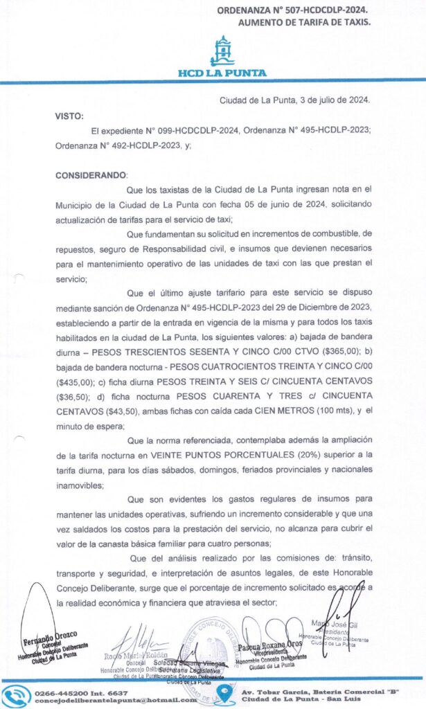 thumbnail of ORDENANZA N°507- NO VIGENTE-HCDCDLP-2024- AUMENTO DE TARIFA DE TAXI.
