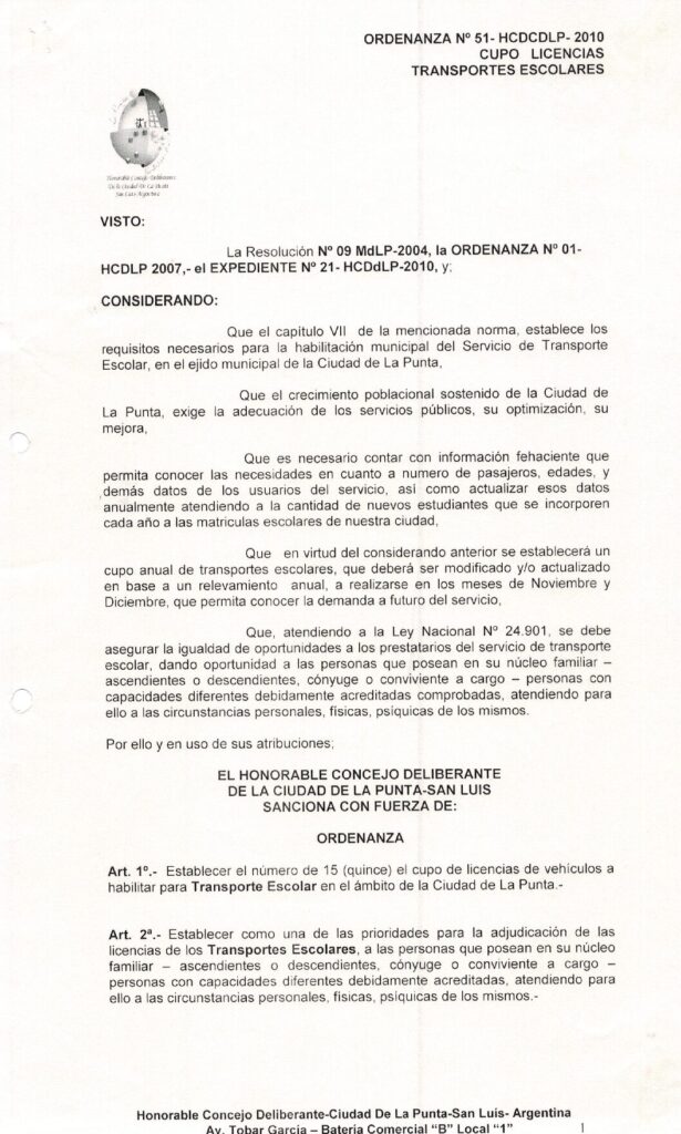 thumbnail of ORDENANZA N°51-VIGENTE-HCDCDLP-2010- CUPO LICENCIAS TRANSPORTES ESCOLARES