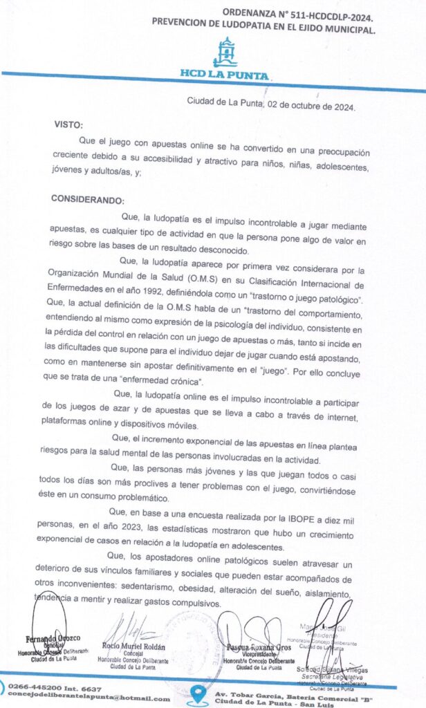 thumbnail of ORDENANZA N°511- VIGENTE-HCDCDLP-2024- PREVENCION DE LUDOPATIA EN EL EJIDO MUNICIPAL.