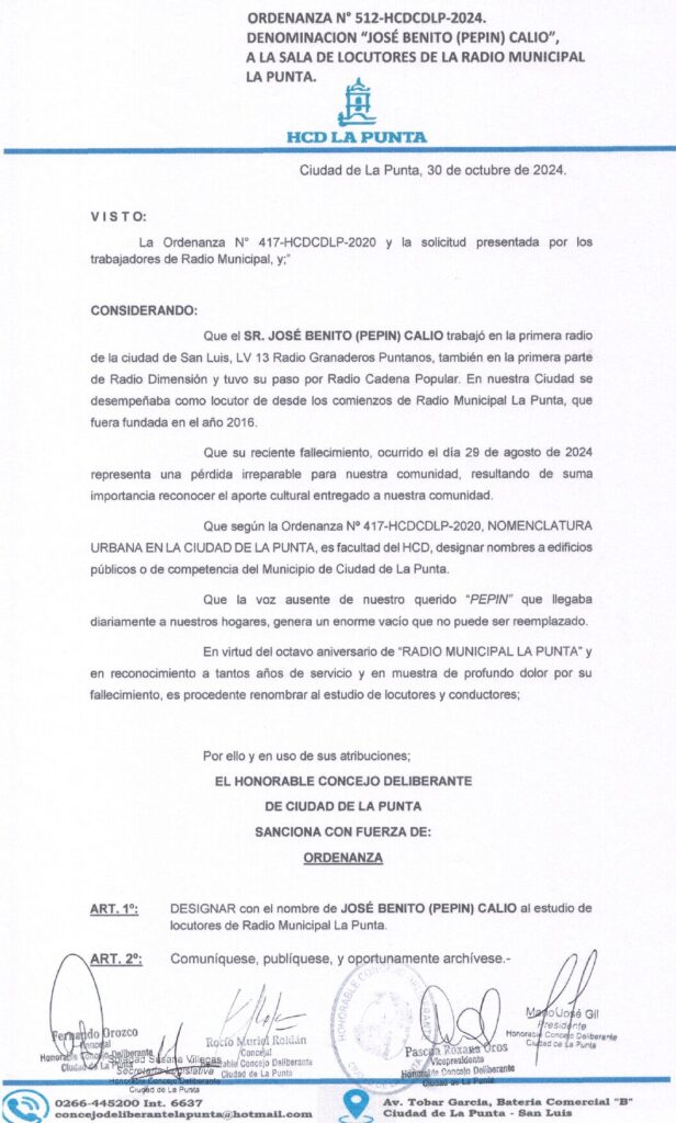 thumbnail of ORDENANZA N°512- VIGENTE-HCDCDLP-2024- DENOMINACION JOSE BENITO (PEPIN) CALIO A LA SALA DE LOCUTORES DE LA RADIO MUNICIPAL LA PUNTA.
