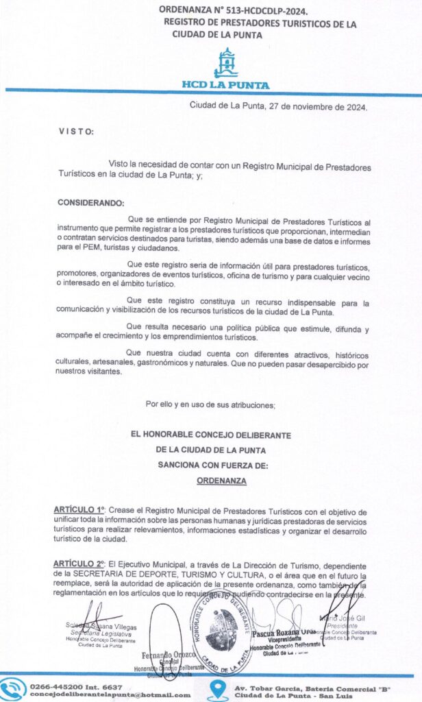 thumbnail of ORDENANZA N°513- VIGENTE-HCDCDLP-2024- REGISTRO DE PRESTADORES TURISTICOS DE LA CIUDAD DE LA PUNTA.
