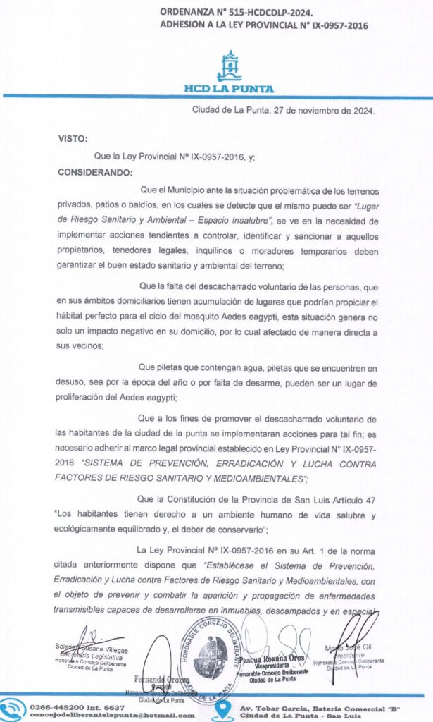 thumbnail of ORDENANZA N°515- VIGENTE-HCDCDLP-2024- ADHESION A LA LEY PROVINCIAL N° IV-0957-2016