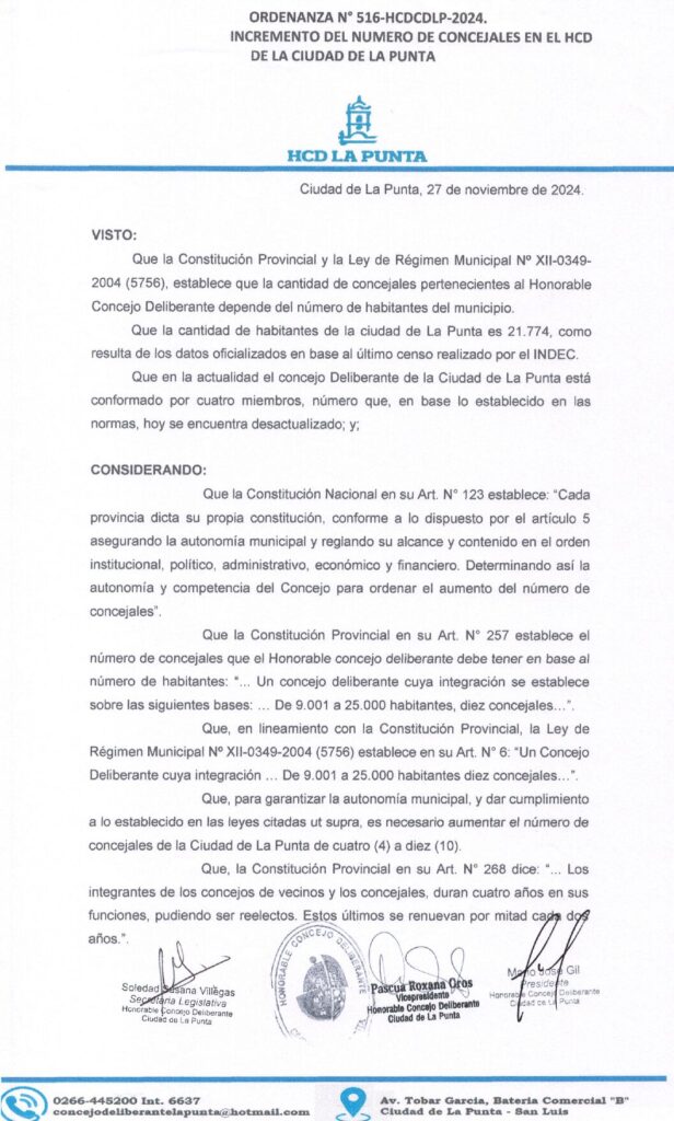 thumbnail of ORDENANZA N°516- VIGENTE-HCDCDLP-2024- INCREMENTO DE L NUMERO DE CONCEJALES EN EL HCD DE LA CIUDAD DE LA PUNTA.