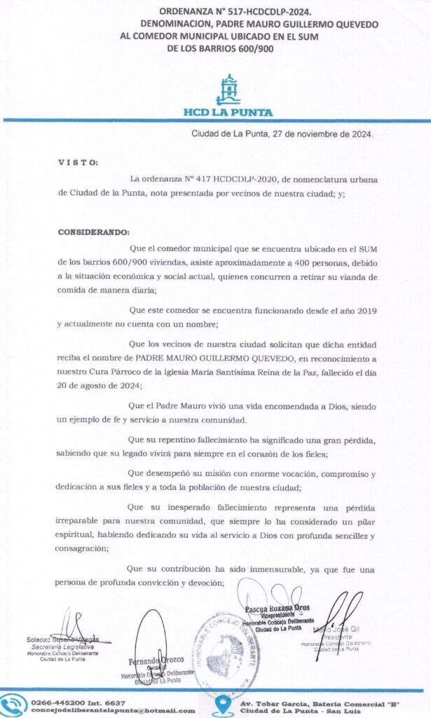 thumbnail of ORDENANZA N°517 – VIGENTE-HCDCDLP-2024-DENOMINACION PADRE MAURO GUILLERMO QUEVEDO AL COMEDOR MUNICIPAL UBICADO EN EL SUM DE LOS B°600-900
