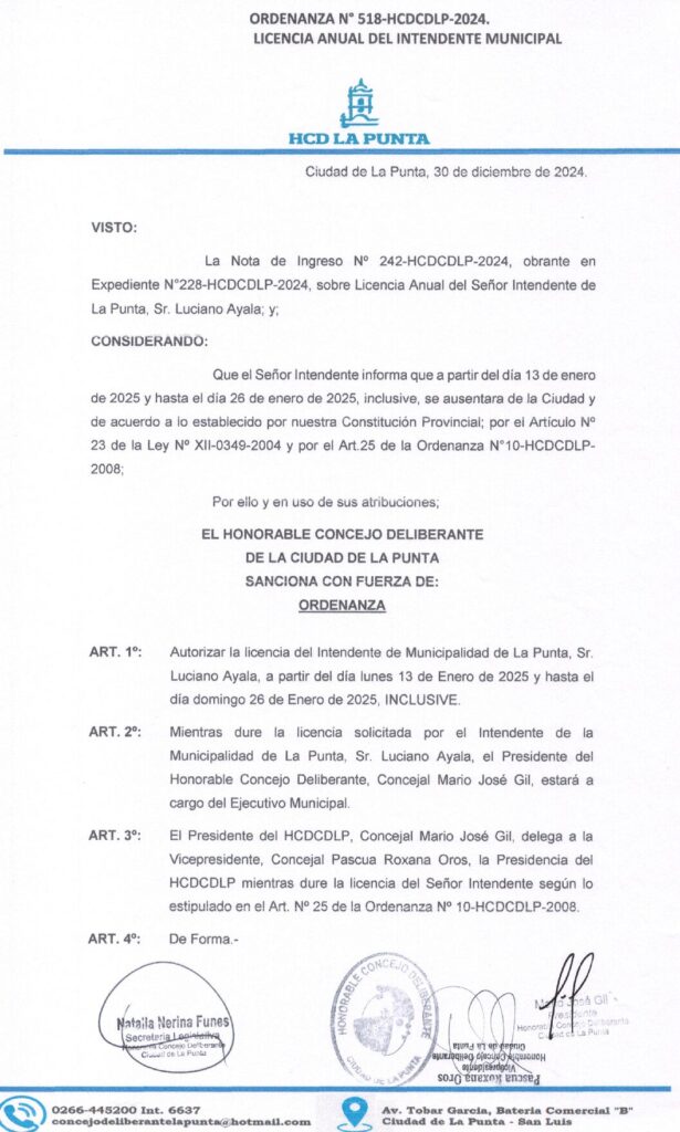thumbnail of ORDENANZA N°518-NO VIGENTE-HCDCDLP-2024-LICENCIA ANUAL DEL INTENDENTE MUNICIPAL.