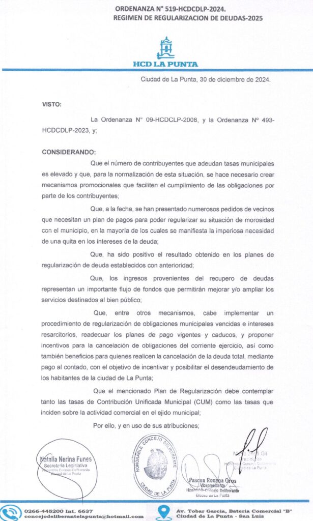 thumbnail of ORDENANZA N°519- VIGENTE-HCDCDLP-2024- REGIMEN DE REGULARIZACION DE DEUDAS.