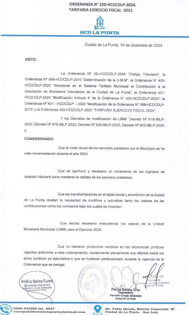 thumbnail of ORDENANZA N°520- VIGENTE-HCDCDLP-2024- TARIFARIA EJERCICIO FISCAL