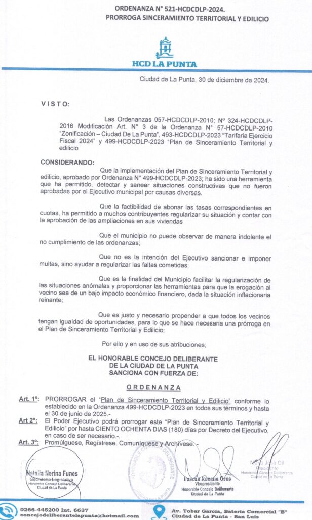 thumbnail of ORDENANZA N°521- VIGENTE-HCDCDLP-2024- PRORROGA SINCERAMIENTO TERRITORIAL Y EDILICIO.