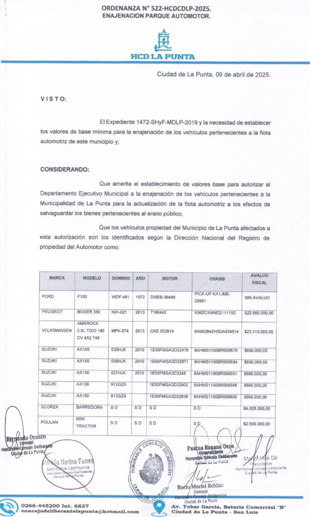 thumbnail of ORDENANZA N°522 -VIGENTE-HCDCDLP-2025- ENAJENACION PARQUE AUTOMOTOR.