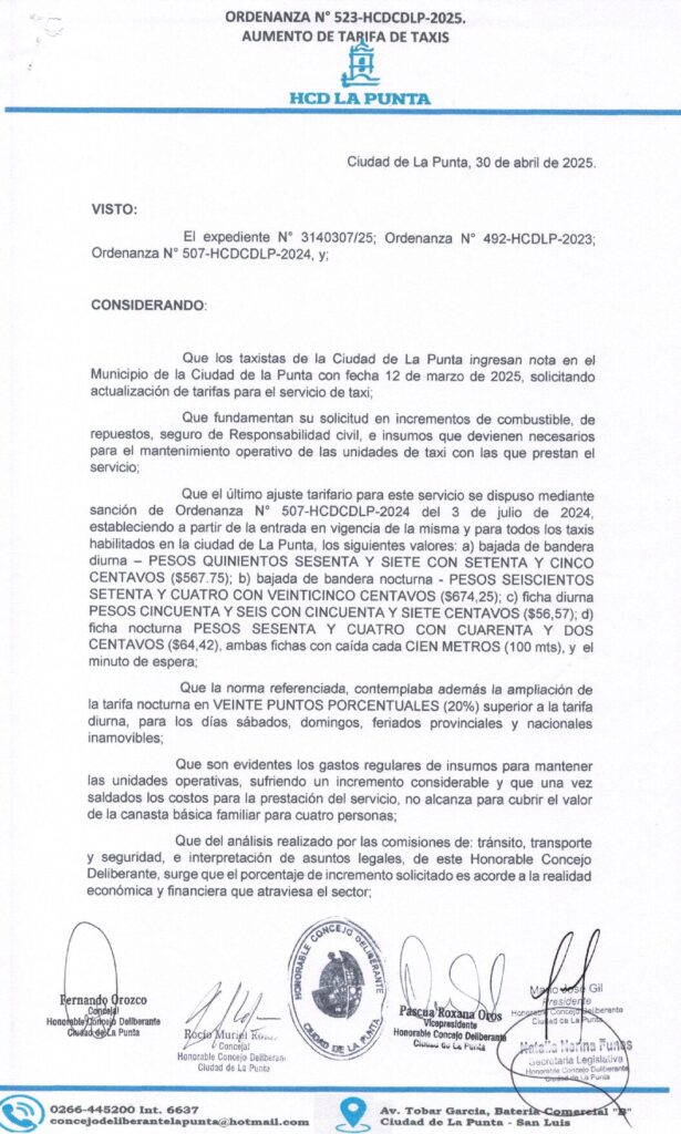 thumbnail of ORDENANZA N°523-NO VIGENTE-HCDCDLP-2025- AUMENTO DE TARIFA DE TAXI.
