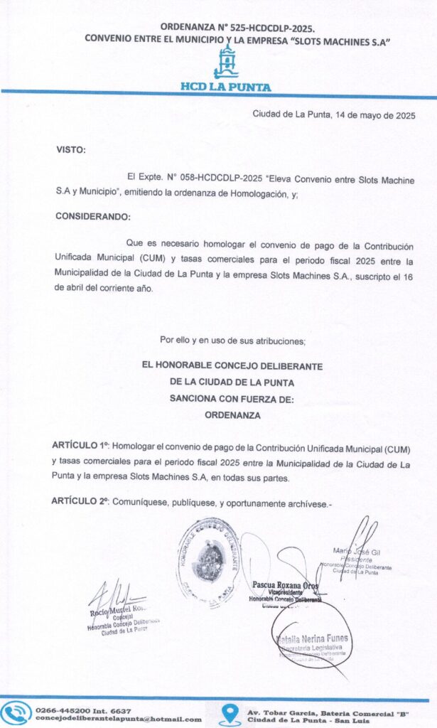 thumbnail of ORDENANZA N°525-VIGENTE-HCDCDLP-2025- CONVENIO ENTRE EL MUNICIPIO Y LA EMPRESA SOLT MACHINES S.A.