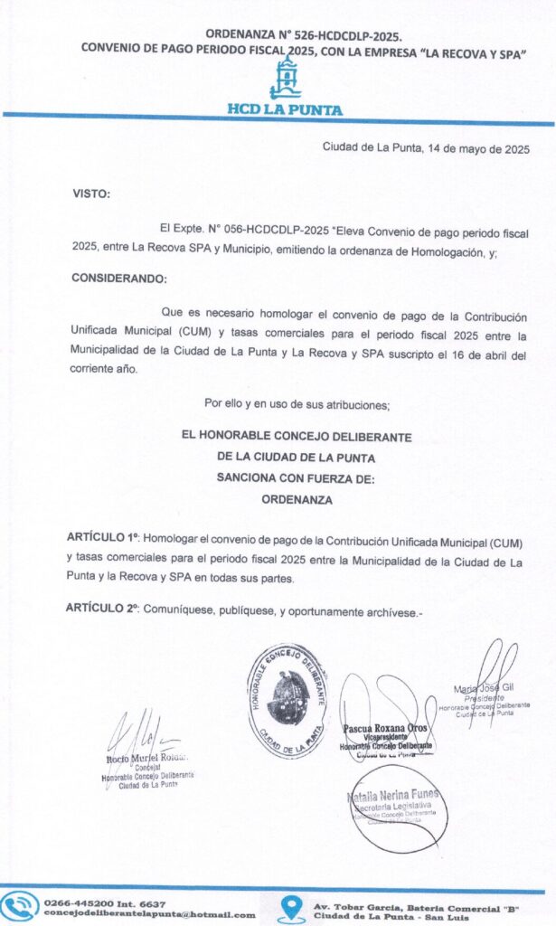 thumbnail of ORDENANZA N°526-VIGENTE-HCDCDLP-2025- CONVENIO DE PAGO PERIODO FISCAL 2025, CON LA EMPRESA LA RECOVA Y SPA.