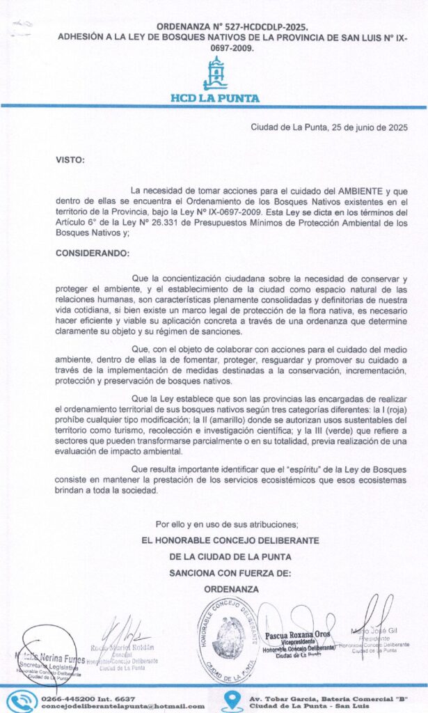 thumbnail of ORDENANZA N°527-VIGENTE-HCDCDLP-2025- ADHESION A LA LEY DE BOSQUES NATIVOS DE LA PROVINCIA DE SAN LUIS N°IX-0697-2009