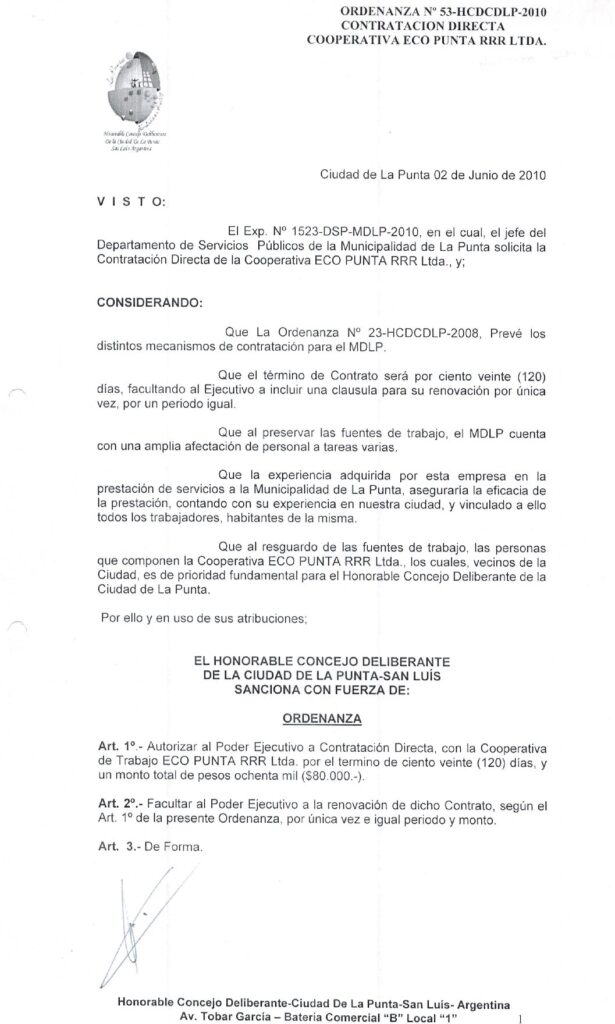 thumbnail of ORDENANZA N°53-NO VIGENTE-HCDCDLP-2010- CONTRATACION DIRECTA COOPERATIVA ECO PUNTA RRR LTDA.