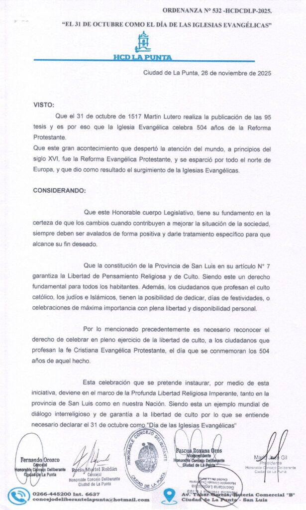 thumbnail of ORDENANZA N°532-VIGENTE-HCDCDLP-2025- 31 DE OCTUBRE COMO EL DIA DE LAS IGLECIAS EVANGELICAS.