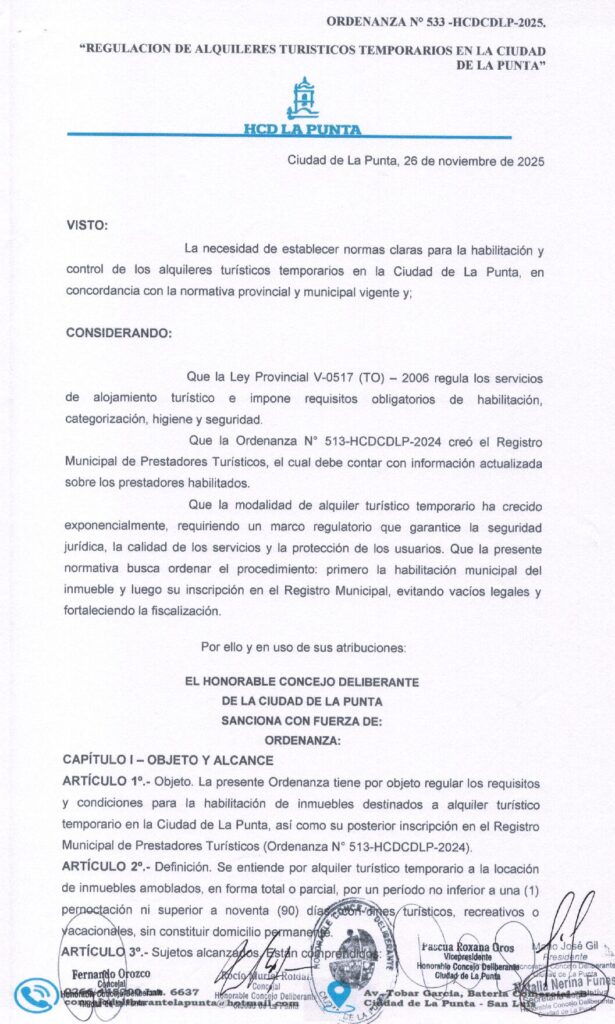 thumbnail of ORDENANZA N°533-VIGENTE-HCDCDLP-2025- REGULACION DE ALQUILERES TURISTICOS, TEMPORARIOS EN LA CIUDAD DE LA PUNTA.